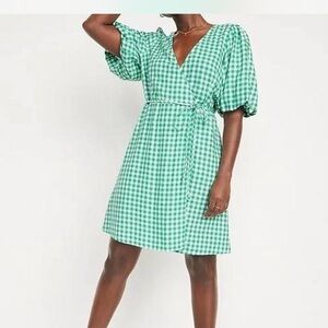 Old Navy women’s plus 2x  Green Gingham Cotton Wrap Dress Flowy Cottage Core